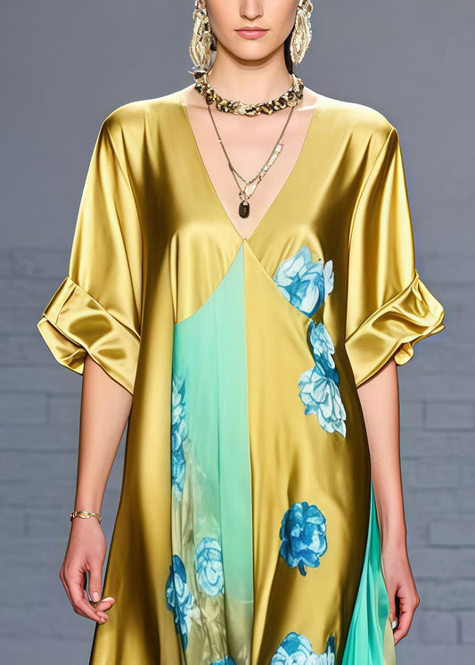 Fine Golden V Neck Patchwork Print Silk Dress Summer