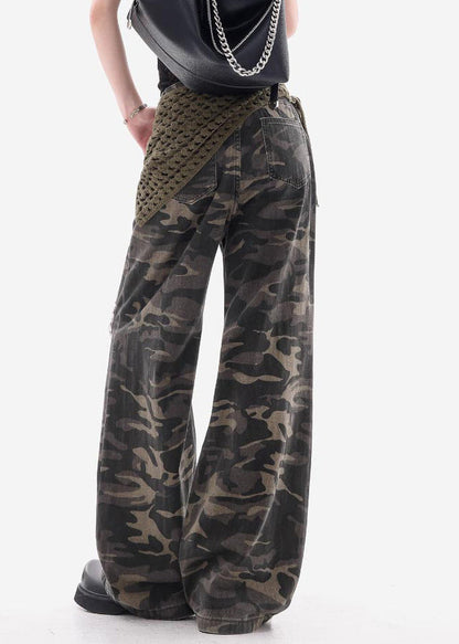 Camouflage Hole Pockets Patchwork Denim Pants Fall