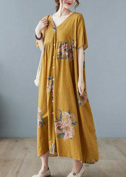 Green Bamboo Retro Button Summer Print Half Sleeve Maxi Dress