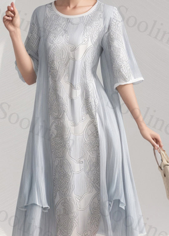 Light Blue O Neck Print Wrinkled Patchwork Silk Dress Summer