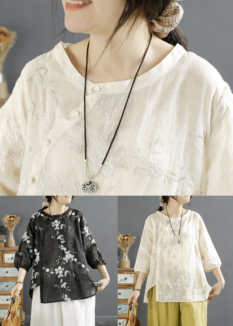 Beige Embroideried Button Linen Shirt Top Fall