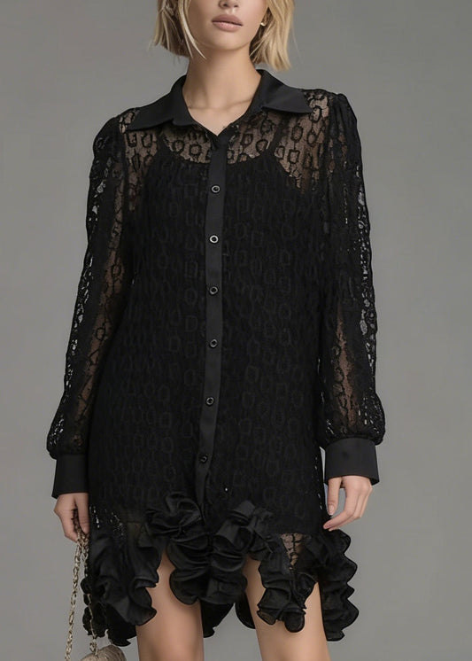 Black Peter Pan Collar Hollow Out Lace Shirt Tops Spring