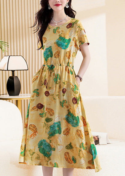 Diy Khaki O-neck Print Tie Waist Maxi Dress Short Sleeve