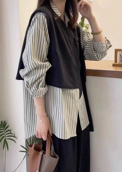 Striped Asymmetrical Button Cotton Shirt Long Sleeve