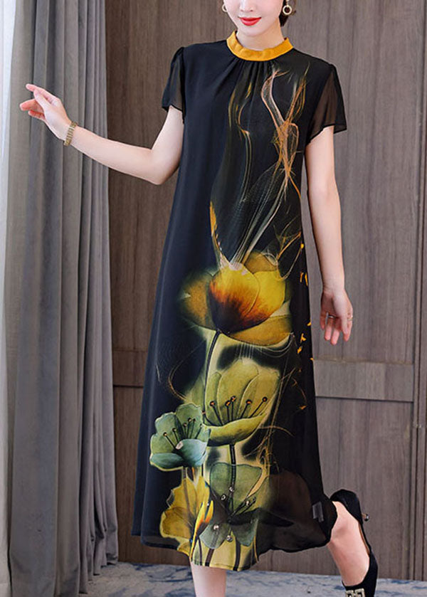 Classy Black Stand Collar Print Chiffon Holiday Dresses Short Sleeve