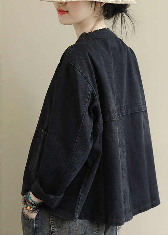 Black Button Embroidered Fall Denim Coat