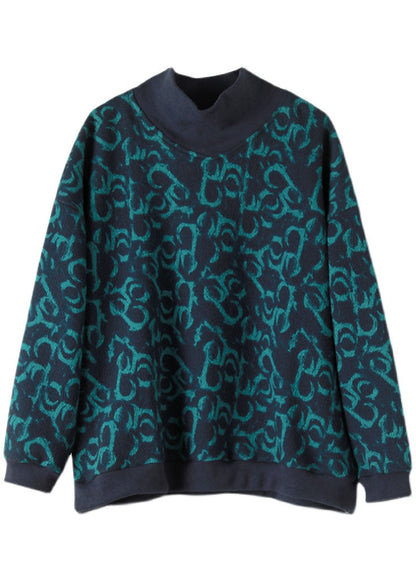 Navy Turtle Neck Print Warm Fleece Sweatshirts Top Spring