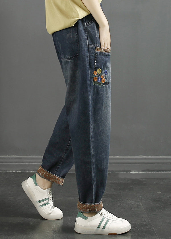 Loose Denim Blue Embroideried Pockets Elastic Waist Jeans Fall