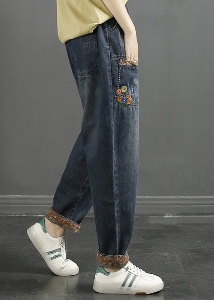 Loose Denim Blue Embroideried Pockets Elastic Waist Jeans Fall