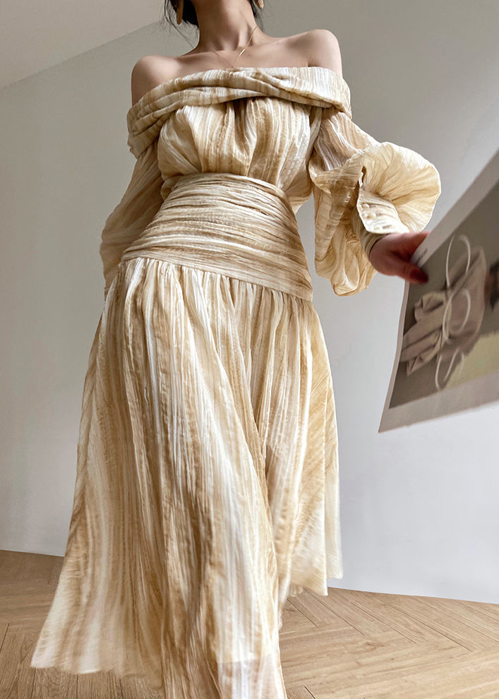 Art Beige Slash Neck Front Open Shirts and Skirts 2 Piece Outfit Lantern Sleeve