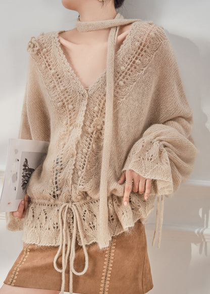 Khaki V Neck Drawstring Cozy Knit Cardigan Flare Sleeve