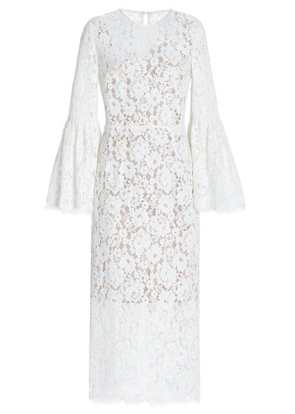 Beige Hollow Out Side Open Lace Dress Flare Sleeve