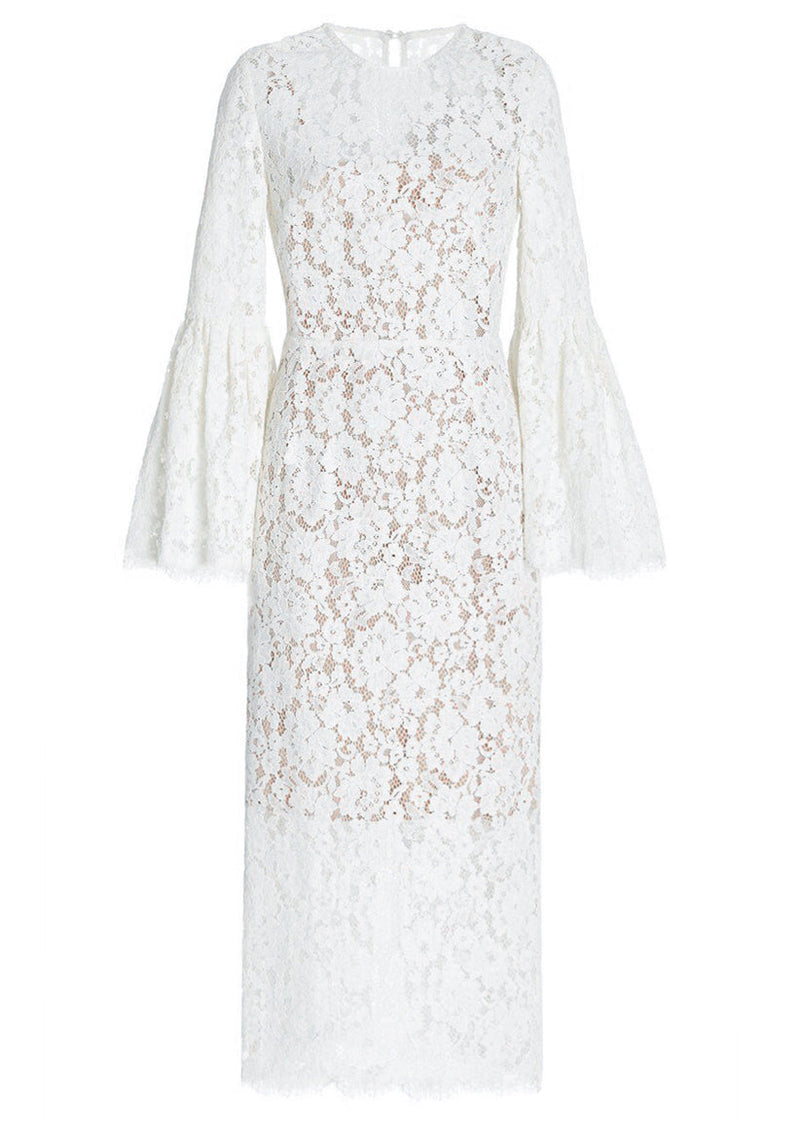 Beige Hollow Out Side Open Lace Dress Flare Sleeve