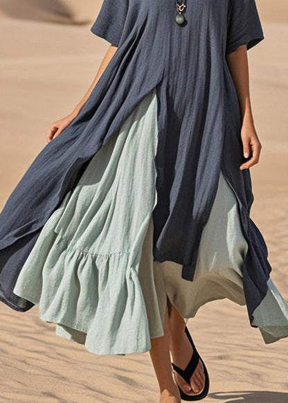 Navy Asymmetrical Patchwork Cotton Vacation Dresses Summer