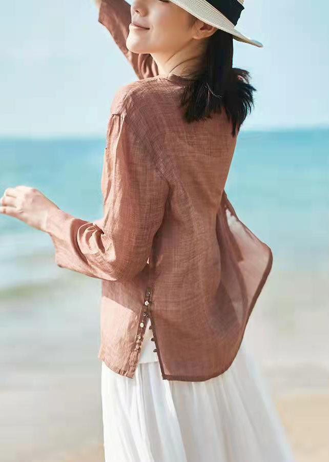 Boutique Chocolate O-neck Button Side Open Blouse Tops Spring