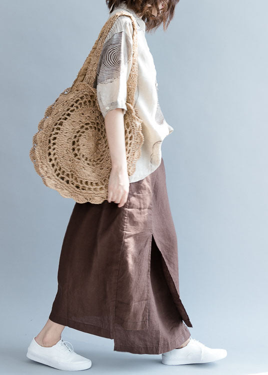 Chocolate Asymmetrical Pockets Linen Skirts Spring
