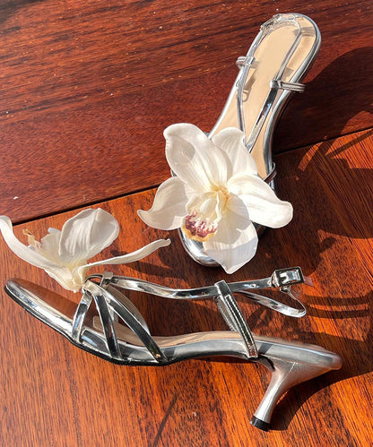 New Silver Flower Open Toed Buckle High Heeled Sandals