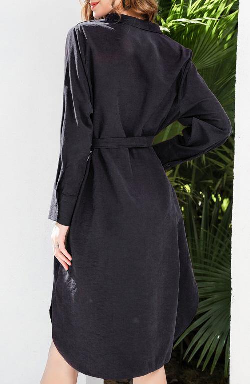 Fine Black Tie Waist Cotton Side Open Spring Dresses
