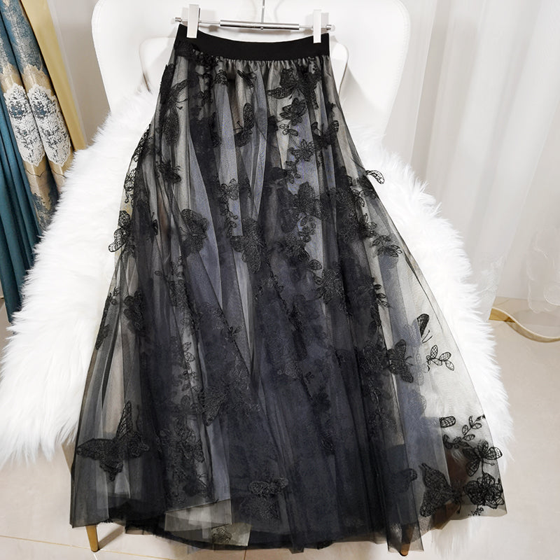 Black Embroideried Butterfly Tulle High Waist Summer Skirts