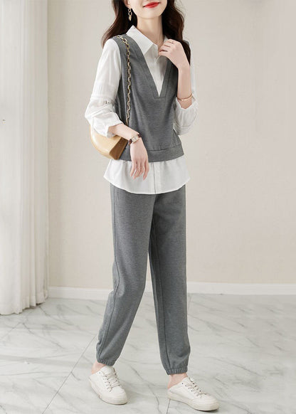 Grey Peter Pan Collar Tops and Pants Cotton Two-piece Set Fall