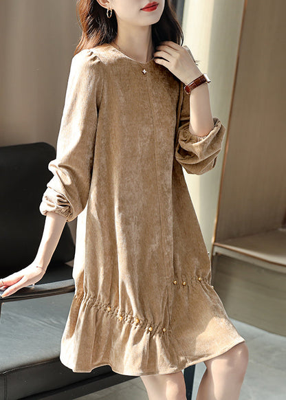 Khaki Wrinkled Nail Bead Velour Mid Dresses Spring