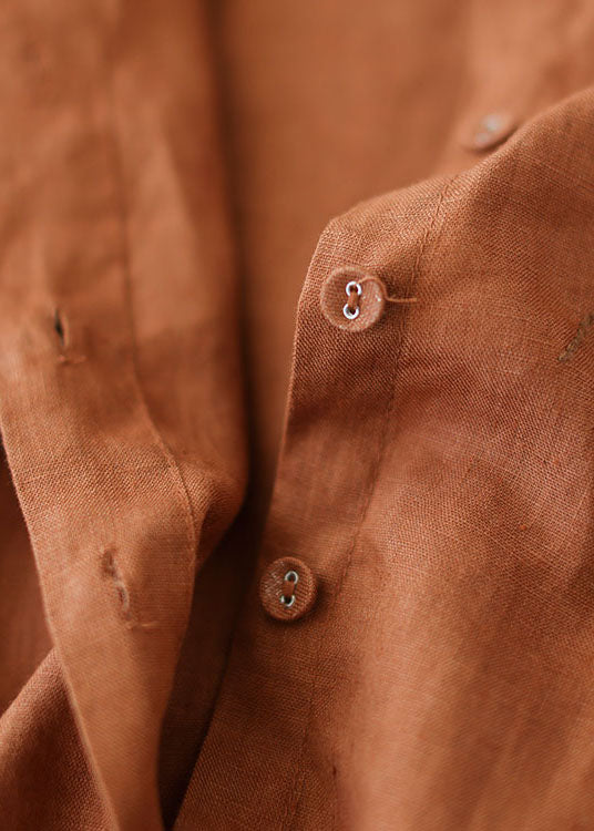 Caramel Peter Pan Collar Button Linen Shirt Long Sleeve