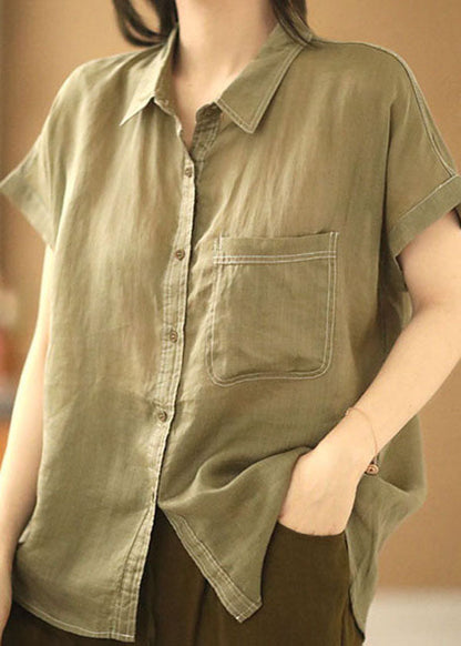 Modern Light Green Peter Pan Collar Pocket Color Blouses Short Sleeve