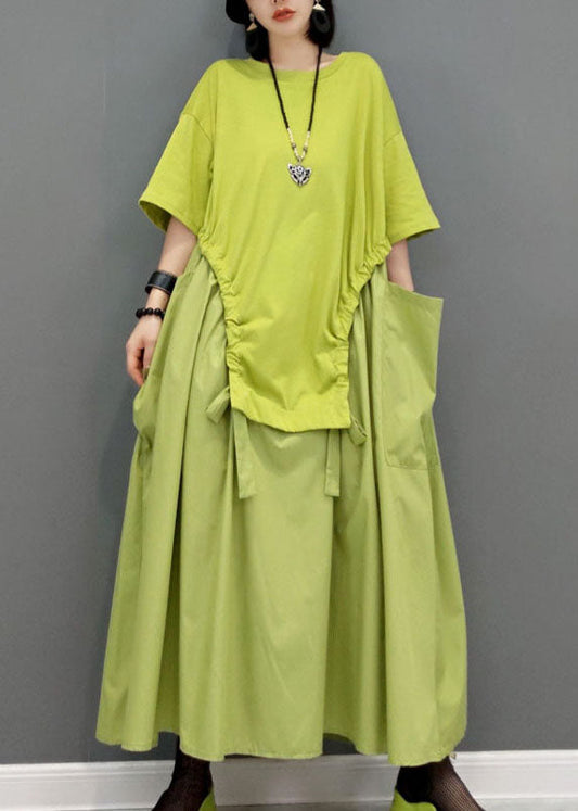 Simple Green Pockets O-neck Patchwork Maxi Dress Short Sleeve