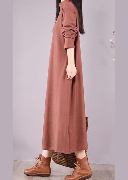 Natural High Neck Cinched Spring Tunic Fabrics Brown Embroidery a Line Dress