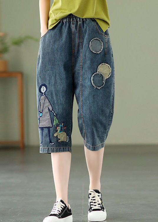 Blue Embroidered Print Elastic Waist Denim Crop Pants Summer
