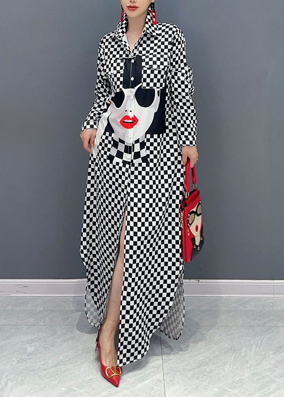 Plaid Patchwork Peter Pan Collar Print Girl Side Open Long Shirts Dresses Long Sleeve