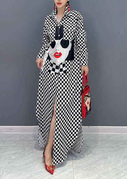 Plaid Patchwork Peter Pan Collar Print Girl Side Open Long Shirts Dresses Long Sleeve