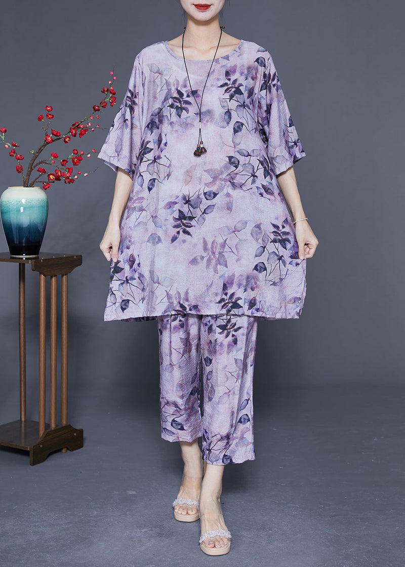 Handmade Purple O-neck Oversized Print Linen Silk Two-piece Set Summer