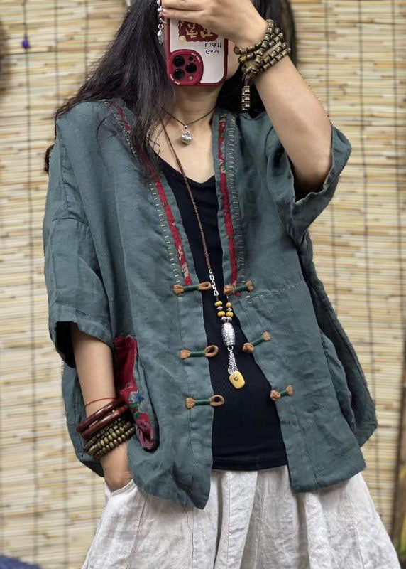 Black V Neck Pockets Chinese Button Patchwork Linen Coats Summer