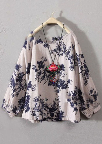 Red O-neck Print Cotton Top Long Sleeve