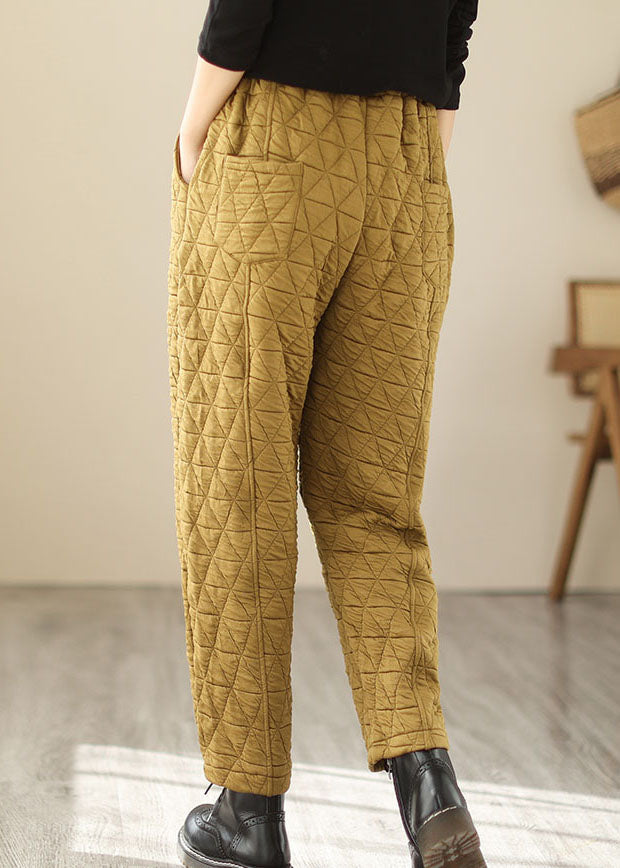 Yellow Pockets Plaid Patchwork Fleece Pants Winter