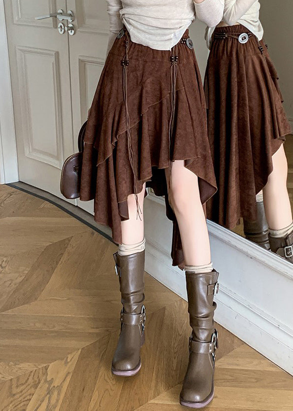 Coffee Asymmetrical Wrinkled Faux Suede Skirt Fall
