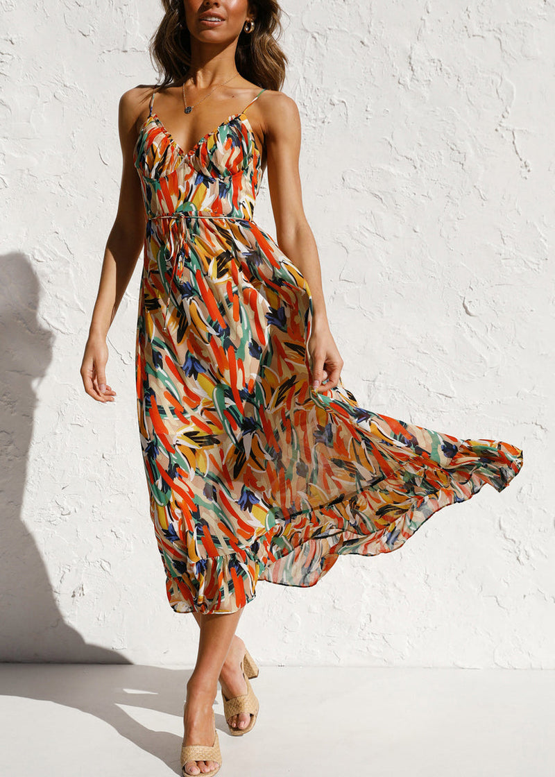 Novelty Orange Ruffled Print Cotton Spaghetti Strap Dress Sleeveless Summer