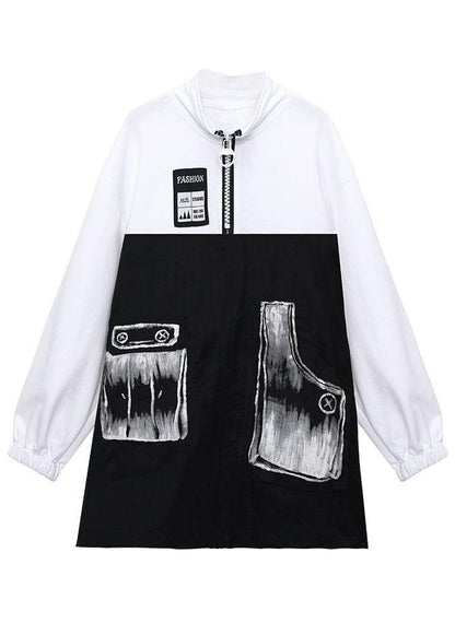 Pockets Print Patchwork Zippered Fall Sweatshirts Top