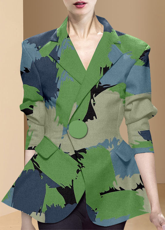 Green Button Peter Pan Collar Print Western-style Clothes Coat Long Sleeve