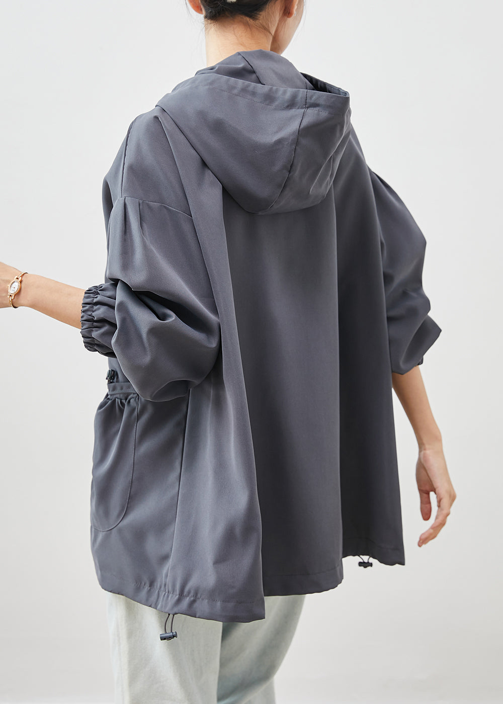 Grey Hooded Pockets Cotton Jackets Spring
