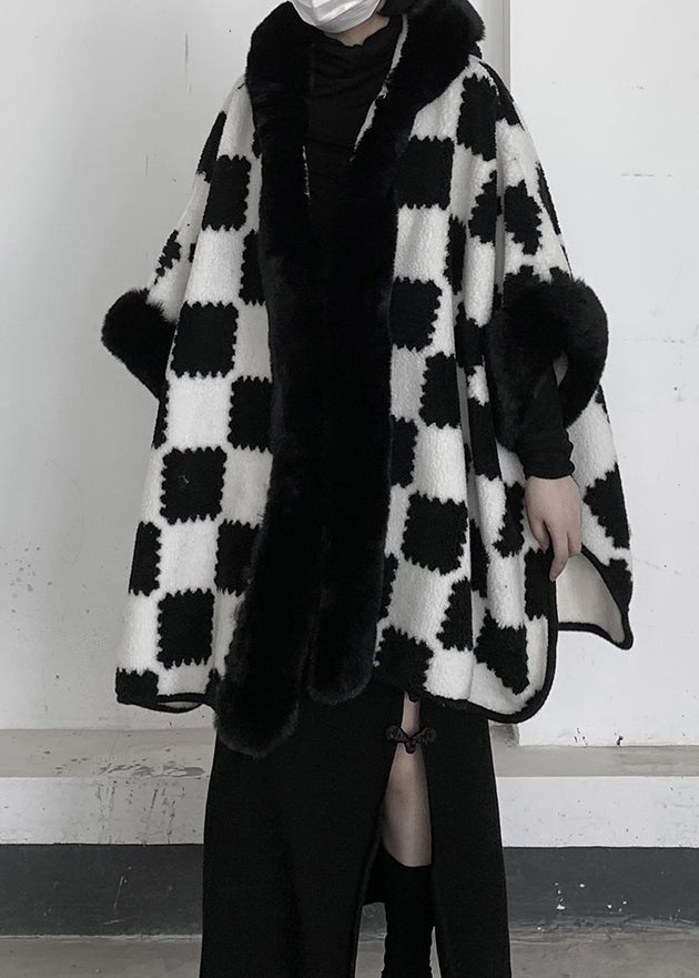 White Oversized Plaid Woolen Hooded Jacket Winter