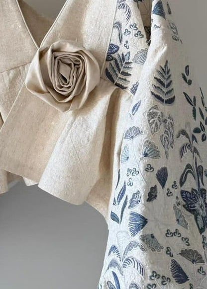 Original Design Beige V Neck Patchwork Cotton Coats Lantern Sleeve