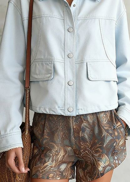 Simple Light Blue Peter Pan Collar Pockets Denim Coat Long Sleeve