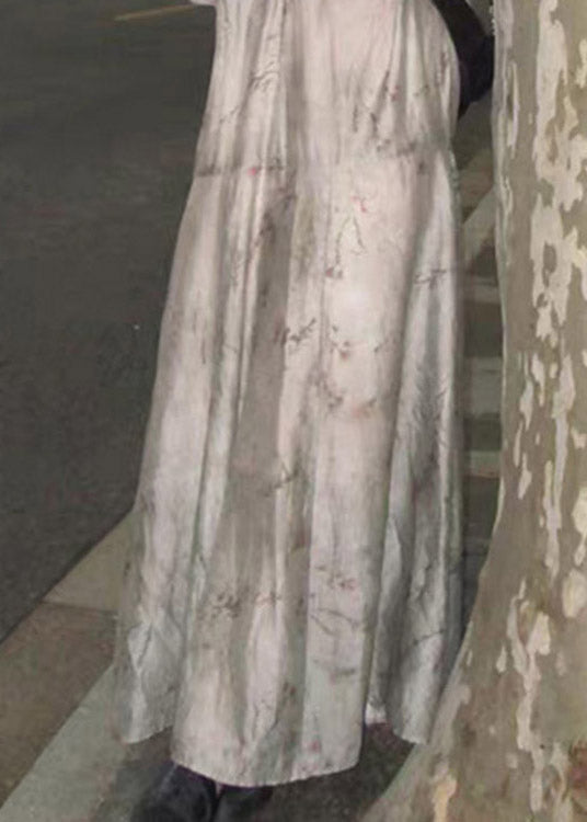 Grey V Neck Print Patchwork Silk Holiday Maxi Dress Long Sleeve