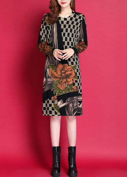 Black O-neck Print Woolen Knitwear Dress Fall