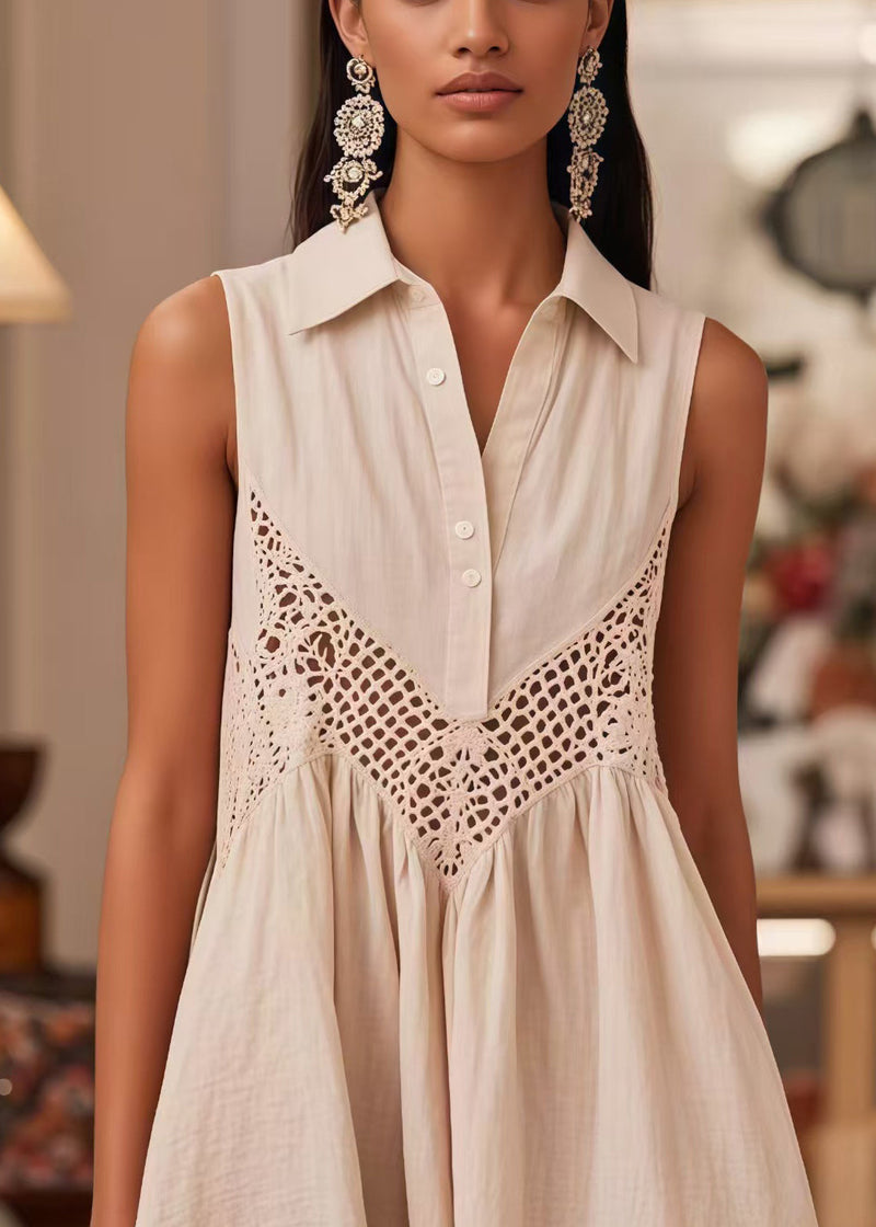Modern White Peter Pan Collar Patchwork Cotton Lace Dresses Sleeveless Summer