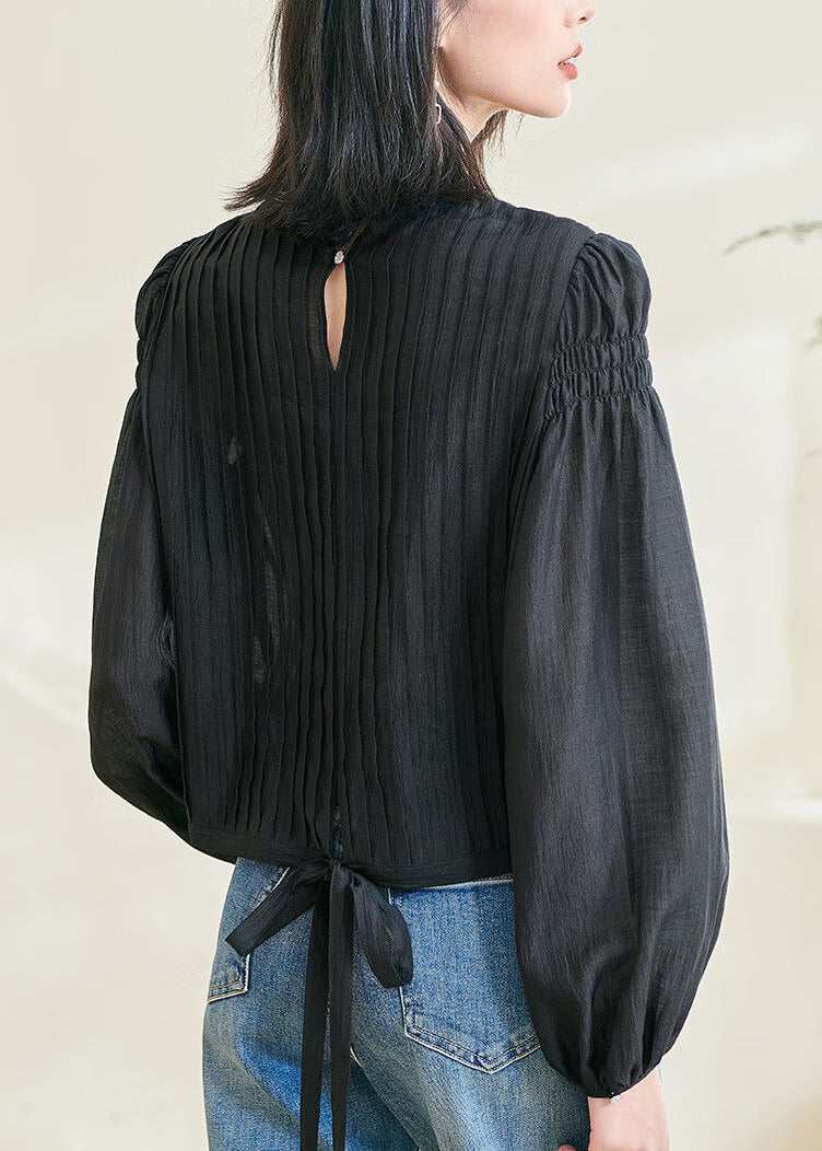 Original Design Black O-neck Wrinkled Top Fall