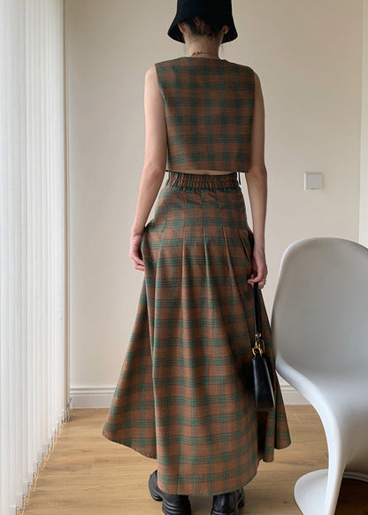 Italian Green Plaid Tops and Pleated Skirts Cotton Two Pieces Set Sleeveless