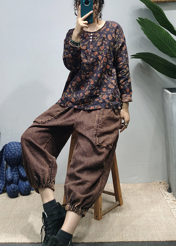 Retro Black O-neck Print Linen Shirt Tops Long Sleeve